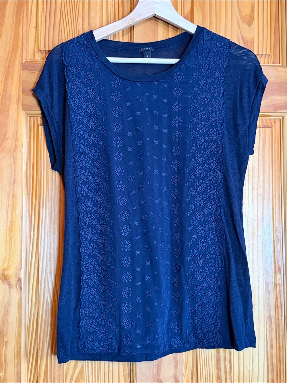 J. Crew Navy Eyelet Front Short Sleeve Top- Linen/Silk